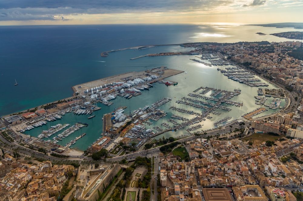 Luftaufnahme Palma - Yachthafen mit Sportboot- Anlegestellen und Bootsliegeplätzen am Uferbereich Port de Palma in Palma in Balearische Insel Mallorca, Spanien