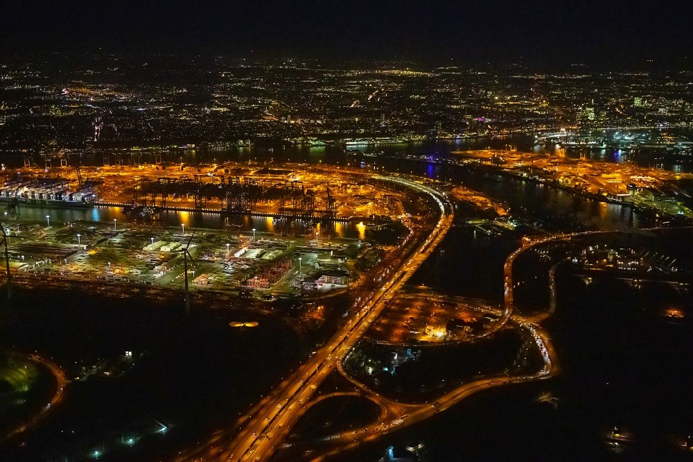 Nacht-Luftaufnahme Hamburg - Nachtluftbild Autobahnabfahrt der BAB A7 im Ortsteil Altenwerder in Hamburg, Deutschland