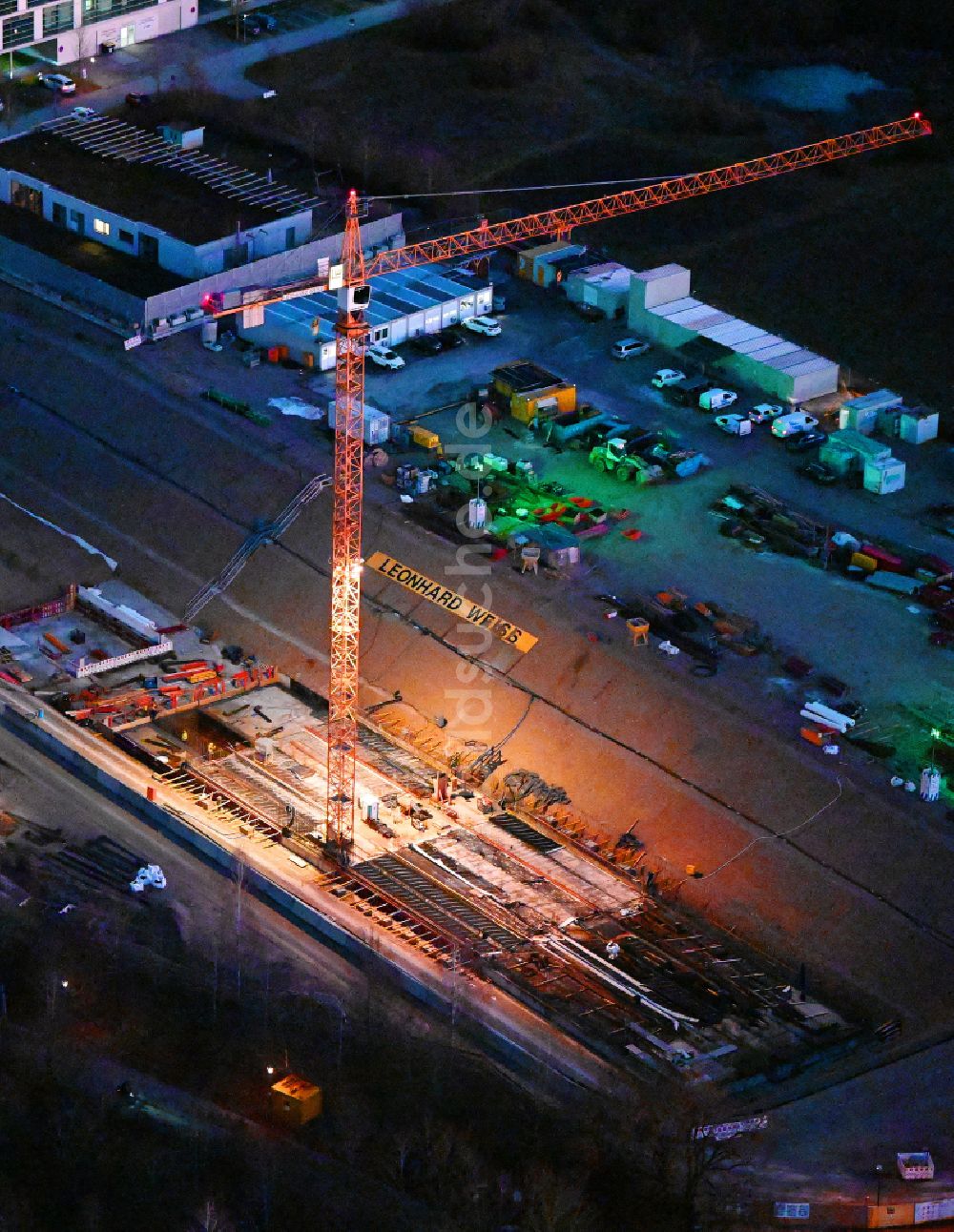 Planegg bei Nacht aus der Vogelperspektive: Nachtluftbild Baustelle zur Verlängerung der Münchner U6 in Planegg im Bundesland Bayern, Deutschland