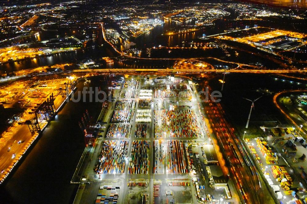Hamburg bei Nacht von oben - Nachtluftbild Containerterminal im Containerhafen des Überseehafen der EUROGATE Container Terminal Hamburg GmbH in Hamburg