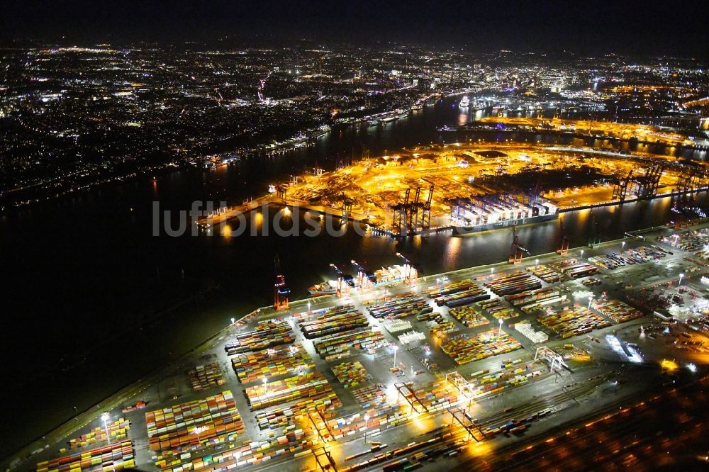 Hamburg bei Nacht von oben - Nachtluftbild Containerterminal im Containerhafen des Überseehafen der EUROGATE Container Terminal Hamburg GmbH in Hamburg