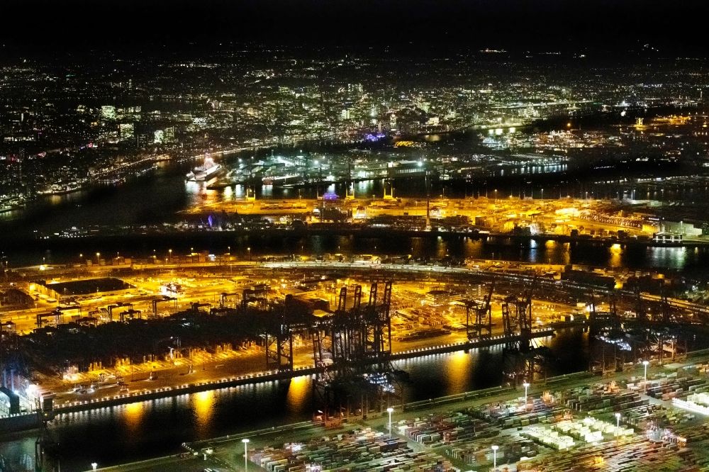 Nacht-Luftaufnahme Hamburg - Nachtluftbild Containerterminal im Containerhafen des Überseehafen Hamburg in Hamburg, Deutschland