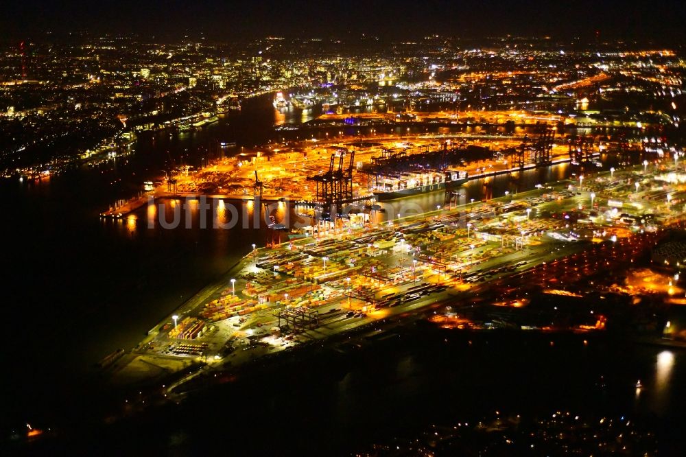 Nacht-Luftaufnahme Hamburg - Nachtluftbild HHLA Logistics Container Terminal Burchardkai am Hamburger Hafen in Hamburg