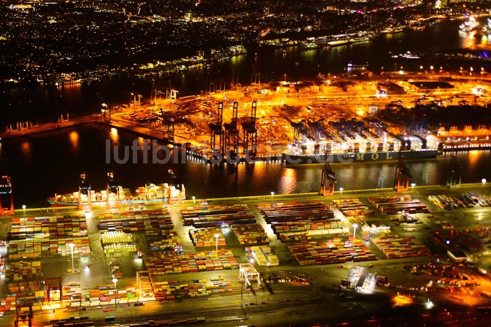 Hamburg bei Nacht aus der Vogelperspektive: Nachtluftbild HHLA Logistics Container Terminal Burchardkai am Hamburger Hafen in Hamburg