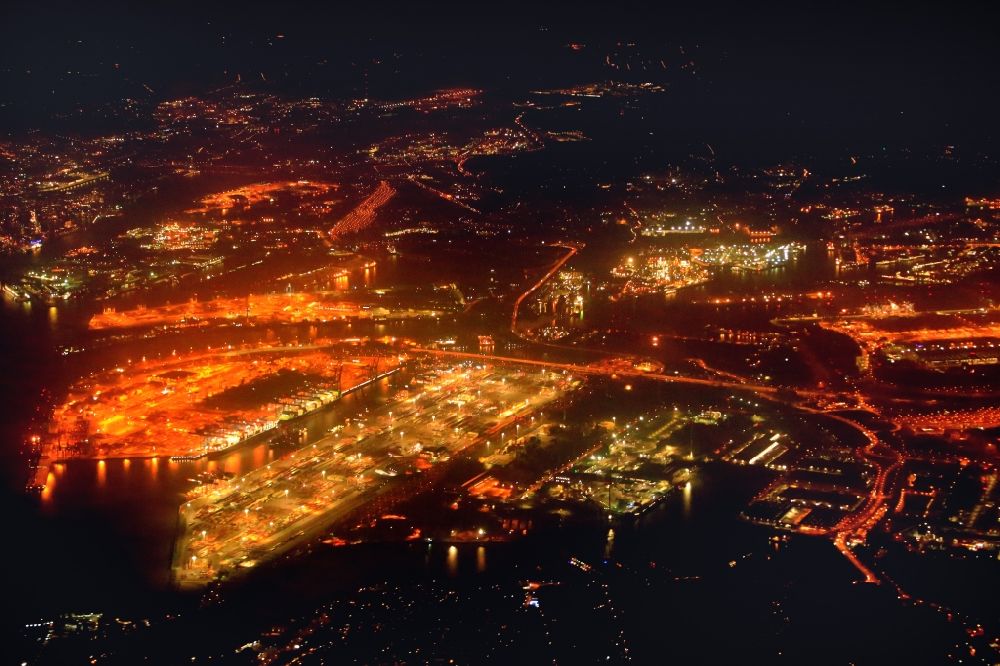 Nacht-Luftaufnahme Hamburg - Nachtluftbild vom Containerhafen des Überseehafen im Ortsteil Waltershof mit Containerterminal in Hamburg, Deutschland