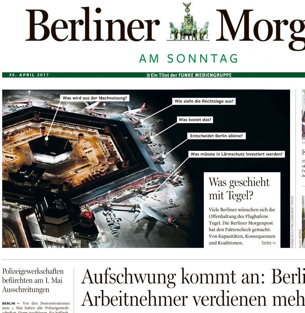 Luftbild Berlin - Belegausschnitt / Medienverwendung der Luftbildverwendung in BERLINER MORGENPOST Titelfoto Seite 1 Flughafen Tegel in Berlin