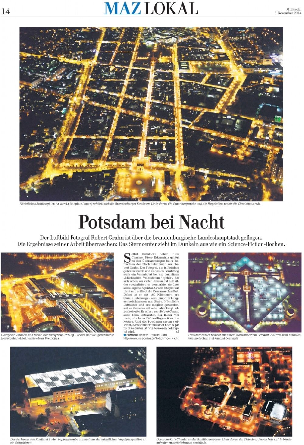 Nacht-Luftaufnahme Potsdam - Belegausschnitt / Medienverwendung / Luftbildverwendung Luftbild Potsdam bei Nacht in der Zeitung MAZ MÄRKISCHE ALLGEMEINE am 05.11.2014 Seite 14