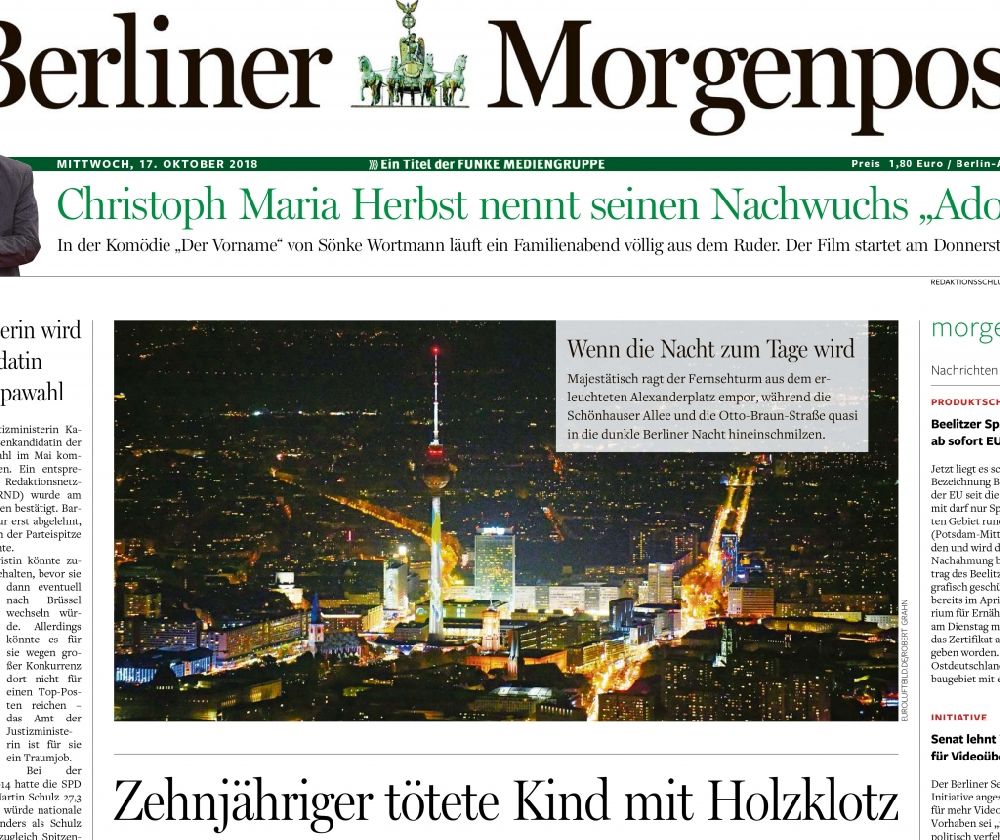 Berlin bei Nacht von oben - Belegausschnitt / Medienverwendung der Nachtluftbildverwendung in BERLINER MORGENPOST Titel Seite 1 in Berlin, Deutschland