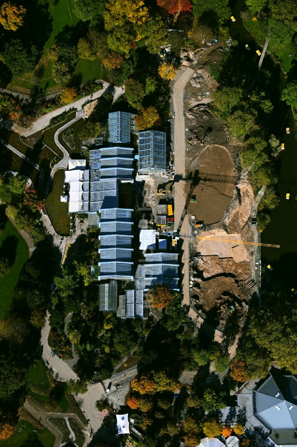 Senkrecht-Luftbild Mannheim - Senkrechtluftbild Baustelle zum Umbau der Parkanlage Luisenpark in Mannheim im Bundesland Baden-Württemberg, Deutschland