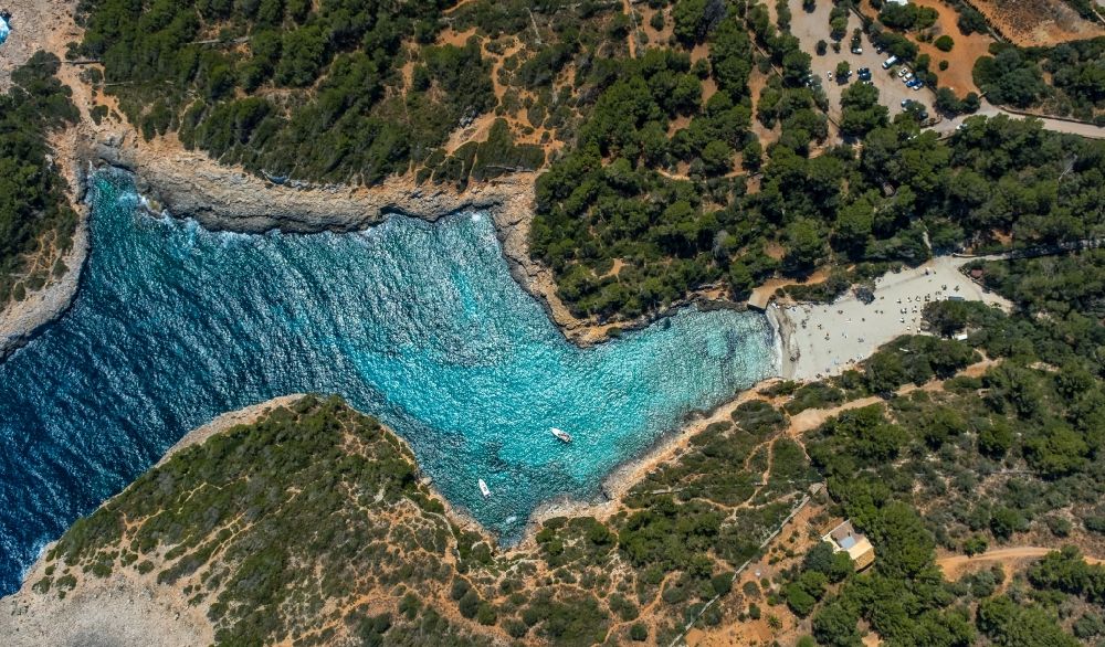 Senkrecht-Luftbild Felanich - Senkrechtluftbild Bucht entlang der Meeres- Küste mit Strand der Bucht Cala Sa Nau in Felanich in Balearische Insel Mallorca, Spanien