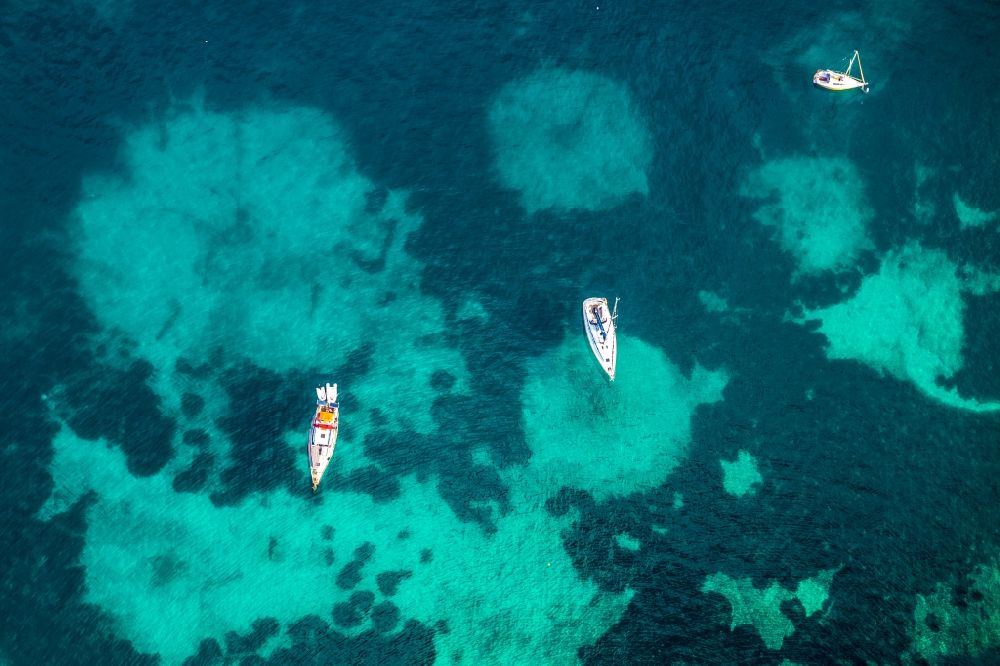 Senkrecht-Luftbild Cala Fornells - Senkrechtluftbild Segelschiff in Fahrt auf dem Balearen-Meer in Cala Fornells auf der balearischen Mittelmeerinsel Mallorca, Spanien