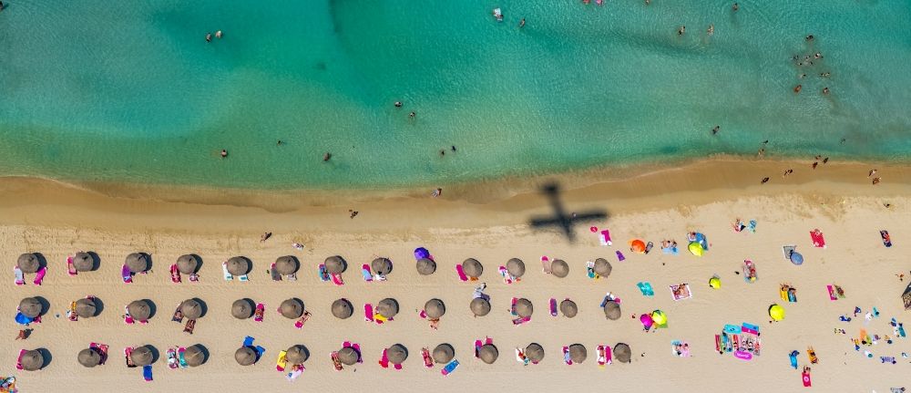 Senkrecht-Luftbild Palma - Senkrechtluftbild Strandkorb- Reihen am Sand- Strand im Küstenbereich des Ballermann 8 an der Carretera de l'Arenal in Palma in Balearische Insel Mallorca, Spanien